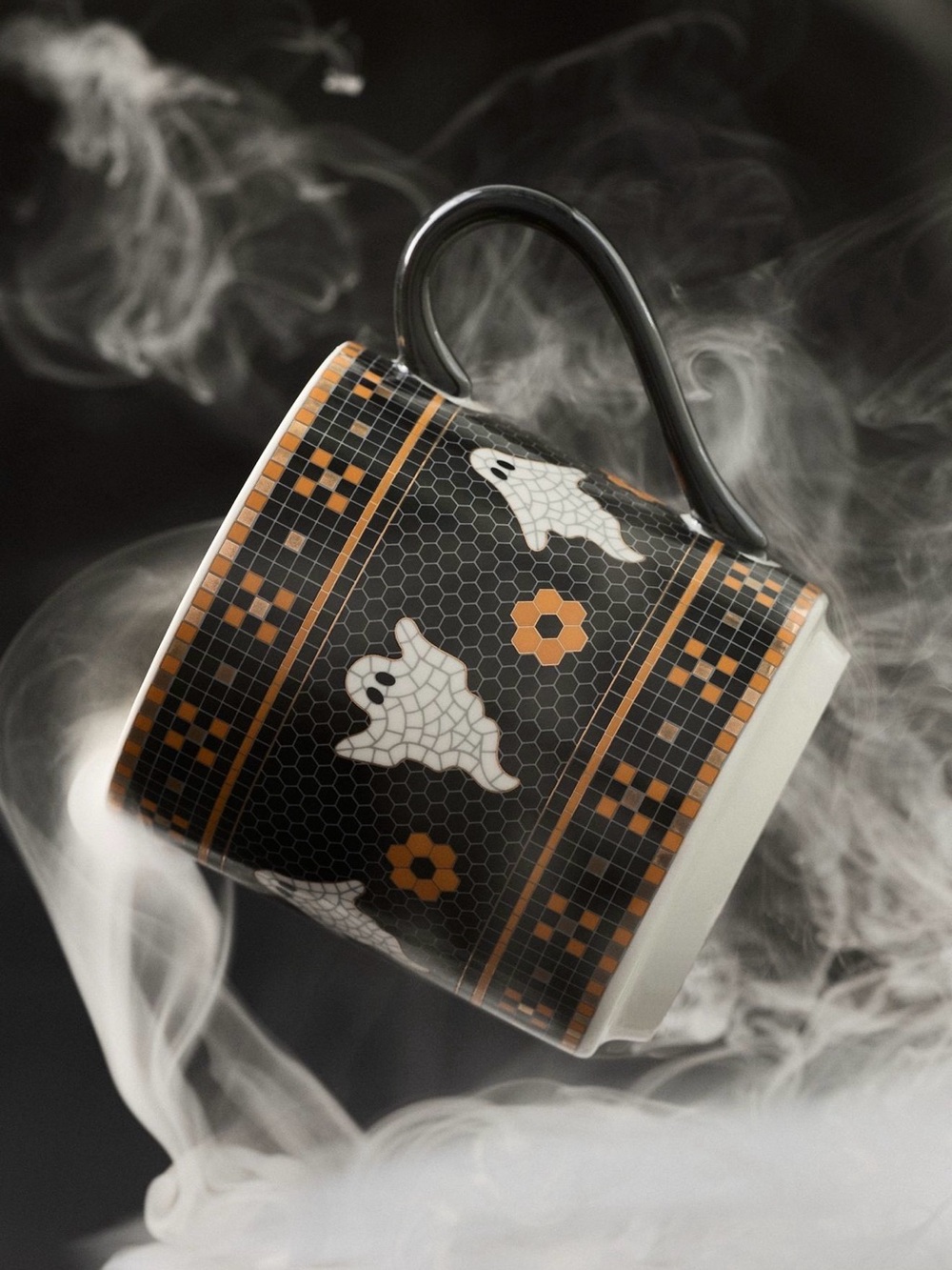 Anthropologie Bistro Tile Halloween Mug 24K Gold Accent Ghost Mug